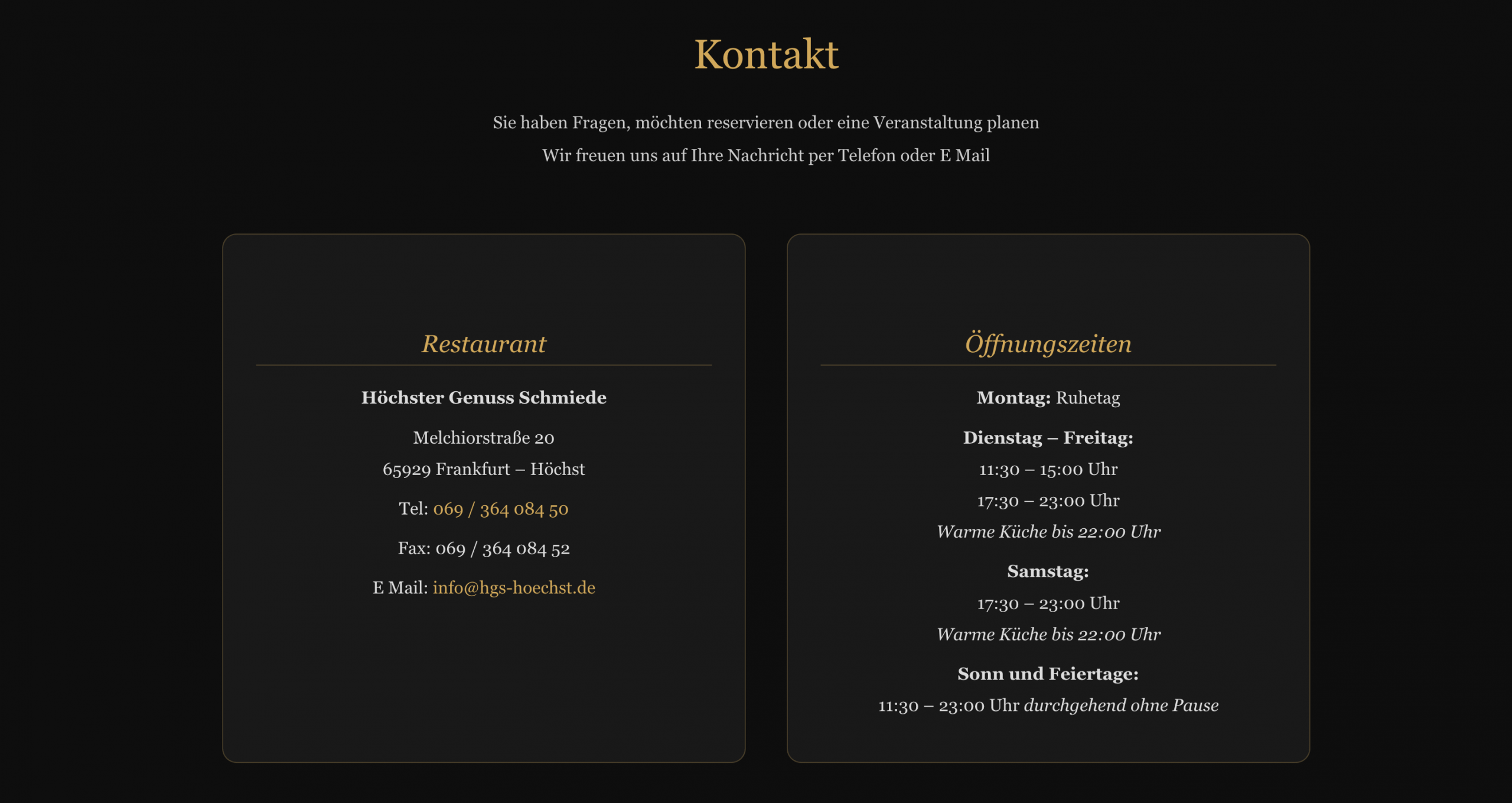 Höchster Genuss Schmiede Website Speisekarte